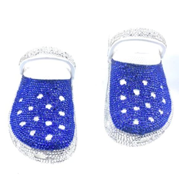 Bling Royal Blue and Silver Rhinestones Studded Customized White Clogs Adults - Picture 2 of 5
